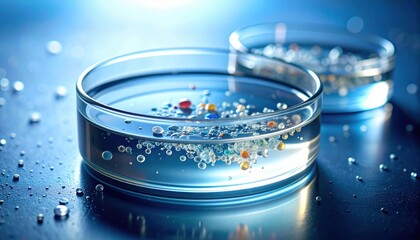 FlyPro Firefly's magnified view of microplastic particles suspended in a clear water sample, professionally captured in a stark laboratory light.