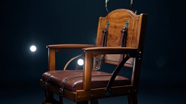 A cinematic view of an electric chair in a dimly lit room with dramatic lighting and a sense of foreboding