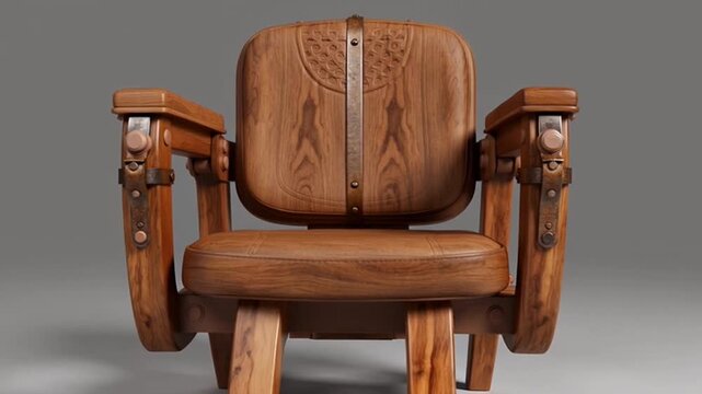 Antique wooden electric chair with ornate carvings on armrests and backrest in a studio setting