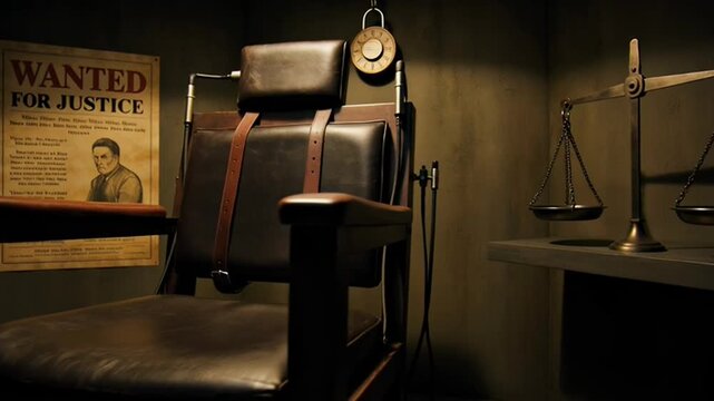 Cinematic Footage of an Electric Chair in a Dimly Lit Justice Chamber