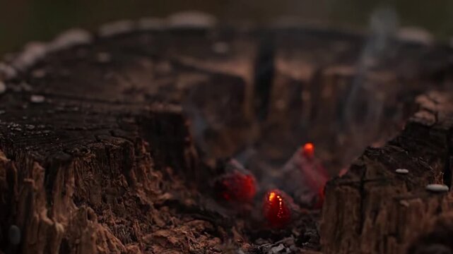 Decaying Log Embers A close-up, atmospheric time-lapse of embers slowly fading on the surface of a heavily decomposed tree log, highlighting the intricate textures and patterns of the wood.