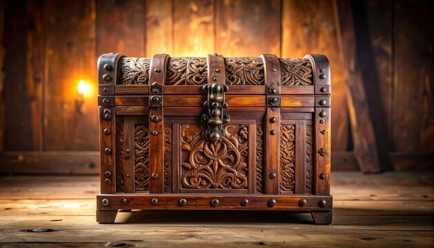 FlyPro_Firefly Carved wooden dowry chest with intricate carvings and aged metal fittings, captured with soft interior light in a professional camera shot.