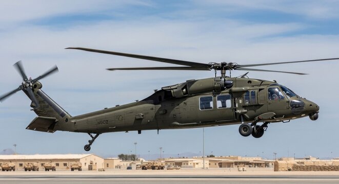 Military Helicopter Black Hawk UH-60 in Flight Over Desert Landscape.