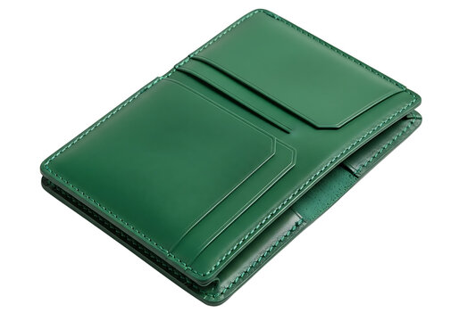 Green leather wallet with card slots and cash compartment isolated on transparent background