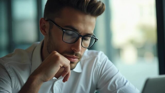 Close up shot handsome he him his macho guy ponder pensive having online currency business chat email letters attentive notebook table sit big office chair wear specs formal-wear white shir.