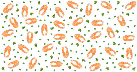 eamless Pattern of Fresh Salmon Fillets and Green Leaves on Grey Background