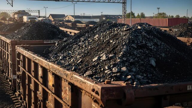 Rusted train wagons filled with coal, creating a sense of industry and power. This image conveys themes of energy, resources, transportation, and economy for industrial, and environmental contexts