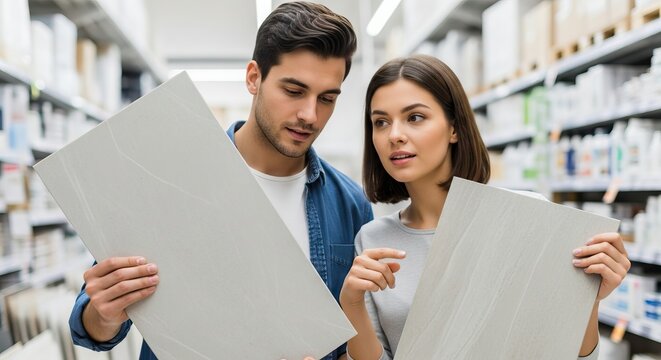 Couple Intently Examines and Compares Large Gray Tiles in a Busy Home Improvement Store During a Daytime Shopping Trip for Their Renovation Project