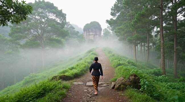 Woman Walking Through Foggy Forest Path in a Triptych Collage