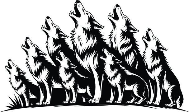 Howling wolf pack black and white vector illustration, wild animals standing on hill, powerful wildlife silhouette design for tattoo, logo and nature theme