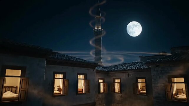 Ramadan Surrealism A Mystical Luminous Swirl Ascends from a Minaret Towards the Full Moon, Illuminating a Tranquil Courtyard in a Spiritual Night Journey