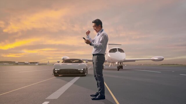Full Body Side View Of An Asian Male Worker Standing With His phone with Luxury Private Jet and Supercar on Airport Runway at Sunset, He Raises His Fist Up With Screaming Goal