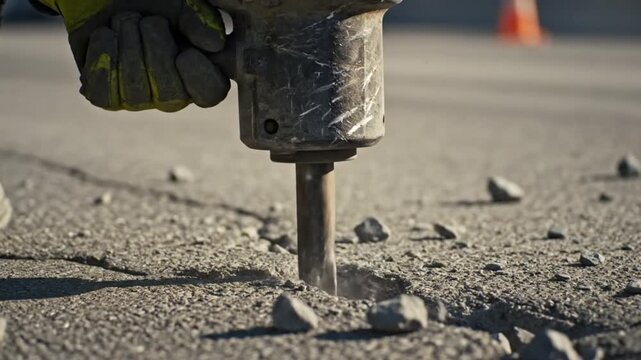Ultra detailed macro video of jackhammer tool breaking hardened asphalt roadway focus on spinning vibrating drill tip fragments of stone flying outward natural sunlight highlighting industrial wear on