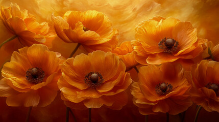 Close-up photograph of vibrant orange poppy flowers glowing against warm, abstract golden background, symbolizing warmth and natural beauty