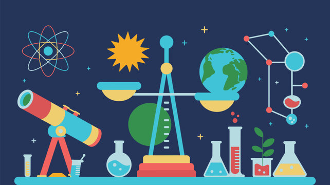 Science Lab vibrant classroom illustration, fun experimental workspace with lab equipment, chemistry tools, learning and innovation concept