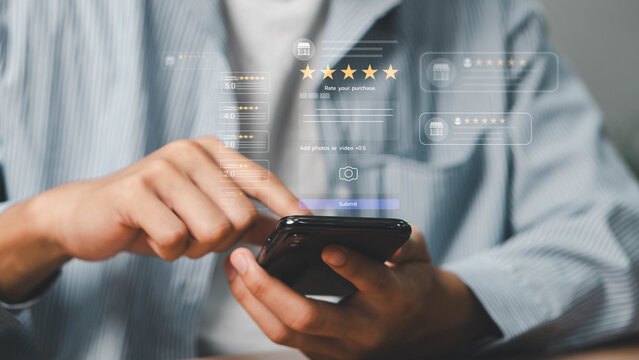 Customer review satisfaction feedback survey concept, user giving five-star review feedback. digital marketing concept for SEO visibility and reputation growth, Concept of online shopping experience.