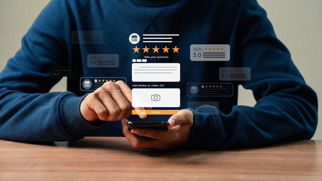 Customer review satisfaction feedback survey concept, user giving five-star review feedback. digital marketing concept for SEO visibility and reputation growth, Concept of online shopping experience.