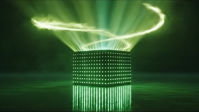 Illuminated cube with glowing dots and light beams emitting a swirling spiral in a green ambiance