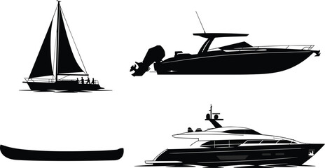Set of black boat silhouettes including sailing yacht, luxury motorboat, speed boat, and rowing canoe isolated on white background, vector. © Shahin