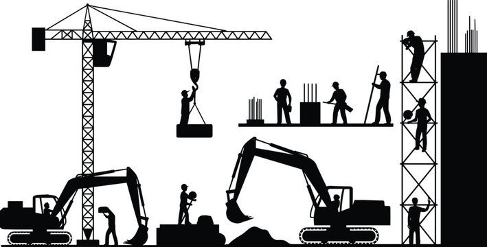 Construction site silhouettes with workers, cranes, and excavators on white background, building industry machinery set, cad drawing flat vector illustration,