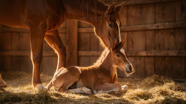 A tender scene of a chestnut mare gently nuzzling her young foal in a sun-drenched barn, radiating maternal love, safety, and serenity. Perfect for themes of family, nature, and equine beauty. 185