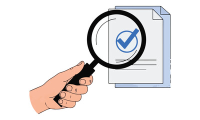 Hand Holding Magnifying Glass Checking Document with Blue Checkmark