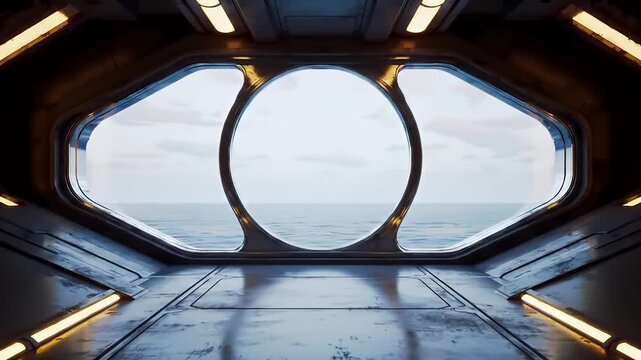 Futuristic Sci Fi Spaceship Corridor With Ocean View Window Dramatic Lighting
