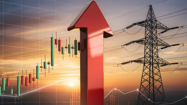Conceptual image of rising energy costs and price increases. Featuring a red upward arrow, candlestick chart, power lines, and a sunset backdrop. Suitable for finance and energy markets