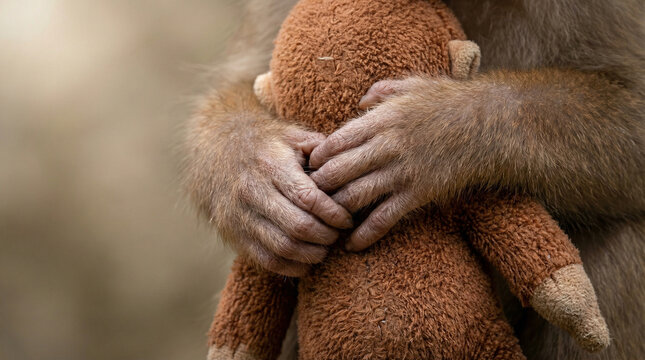 Punch baby macaque holding plush toy close, emotional support object symbolizing loneliness, attachment, comfort and orphan monkey emotional connection
