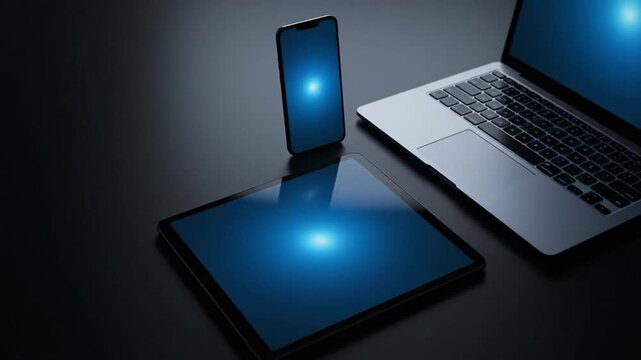 A sleek, dark studio shot showcasing modern tech devices: a laptop, smartphone, and tablet. Blue glowing screens animate, appearing and interacting, highlighting digital connectivity and advanced tec