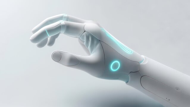 Futuristic Robotic Hand with Glowing Interface on White Background.