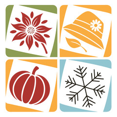 Naklejka premium Four Seasons Symbol Icons: Flower, Hat, Pumpkin, Snowflake