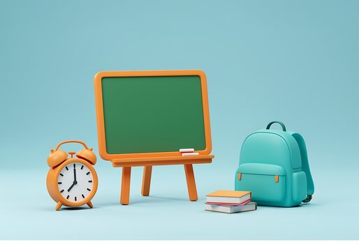 Back to school concept with green chalkboard orange alarm clock books and teal backpack on blue background