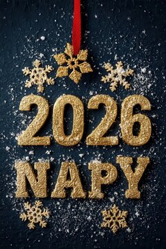 Glittering gold '2026' and 'NAPY' text decor with snowflakes and red ribbon for festive celebration