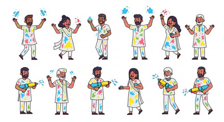 Naklejka premium Diverse people celebrating holi festival with colorful powder and water balloons in joyful energetic poses