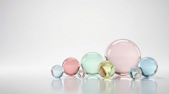 Group of glossy pastel glass marbles on a minimal white surface. Clean reflections and soft shadows create a premium abstract still life. Ideal for design backgrounds and branding.