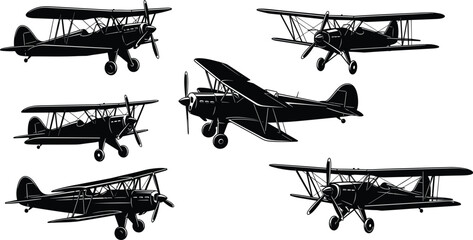 Black and white of biplanes in various positions airplanes aircraft vintage planes © Samsun Art