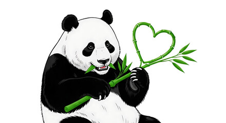 Naklejka premium Panda holding heart shaped bamboo