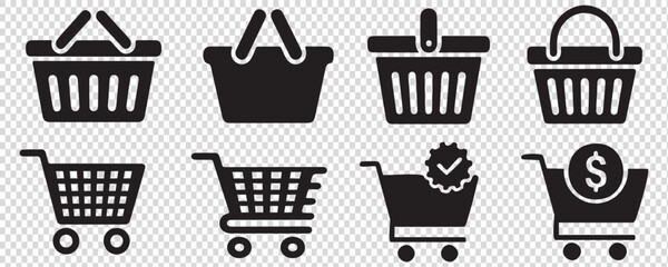Shopping basket icons set. Full and empty shopping cart symbol shop and sale icon. Trolley icon set. Stock vector illustration. © ExtremeStockBD