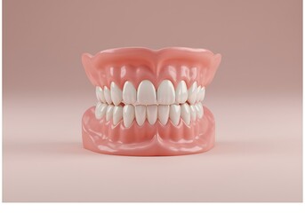 Obraz premium Denture model with white teeth on pink gum base for dental health and hygiene concepts fake smile for medical and cosmetic dentistry
