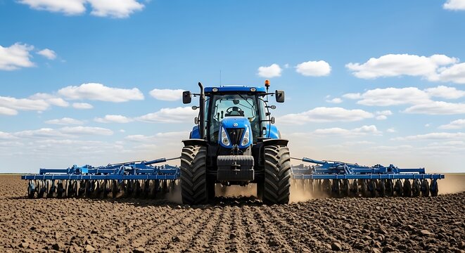 Front view of a blue agricultural tractor with disc harrow cultivating a field under a clear blue sky.