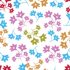 Seamless floral pattern, gentle ditsy print of small plants with a rustic motif. Cute botanical design, romantic background: tiny hand drawn flowers, leaves, bouquets on a green field. Vector.