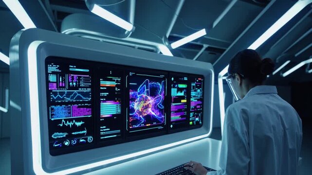 Technician analyzing data in a modern laboratory with illuminated screens and advanced technology