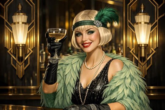 A beautiful flapper girl from the 1920s sits at a bar. She wears an elegant blonde bob, a green feather stole, a feather headband, long black gloves, and raises a glass of champagne in a toast. Video
