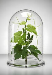 Glass dome with green vine plant isolated on white background
