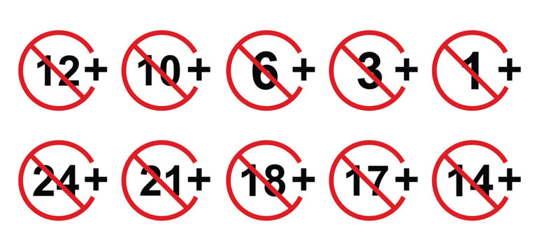 vector logo sets age limit sign, underage restriction, prohibition icon, age icon 1, 3, 6, 12, 14, 17, 18, 21, 24 years and above.