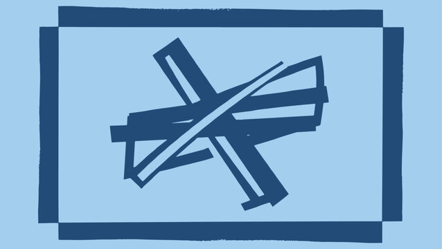 A stylized, dark blue, intersecting line art piece forming an 'X' shape within a rectangular frame on a light blue background with darker blue borders.