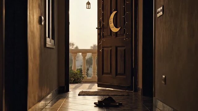 Front door slightly open with sandals after Eid visit farewell