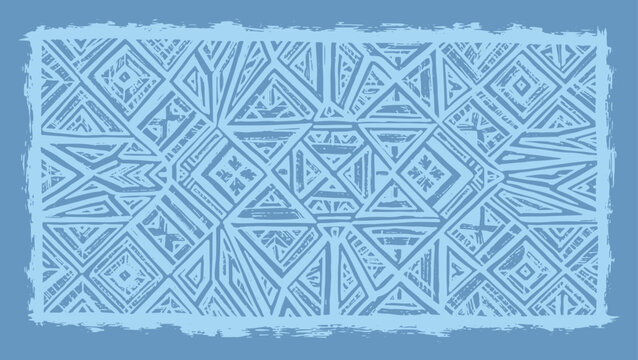 Intricate geometric pattern in light blue with rough border, repeating squares and triangles, detailed linework, abstract texture, surface design, decorative background, artistic linocut style, vintag