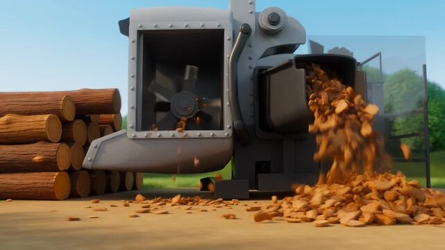 Industrial Wood Chipper Machine Processing Logs into Mulch for Landscaping & Forestry